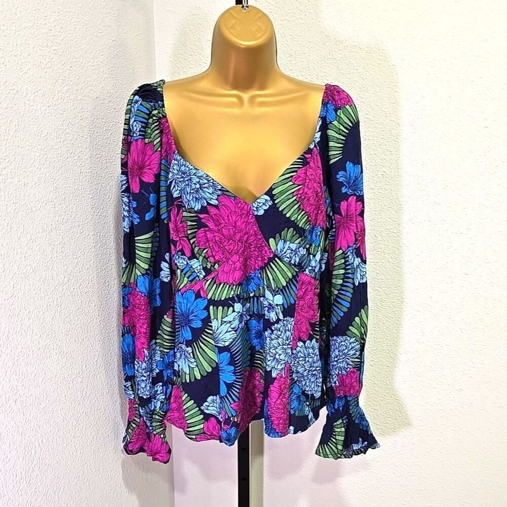 NWT Multicolor Babydoll Floral Top Womens Large Ruched Stretch Boho Dark Floral